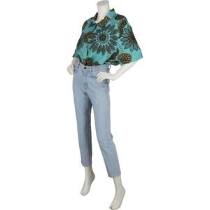 Hot Cotton Marc Medallions Floral All Over Print Turquoise Linen Blouse Shirt 2X